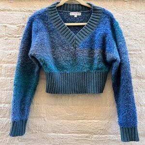 All The Ways Blue V-Neck Cropped Sweater Ribbed Trim XS